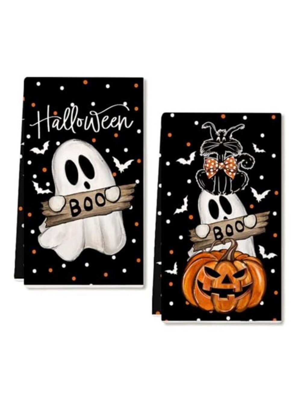 Halloween Kitchen Towels Set 2 Ghost Cat Pumpkin Decor